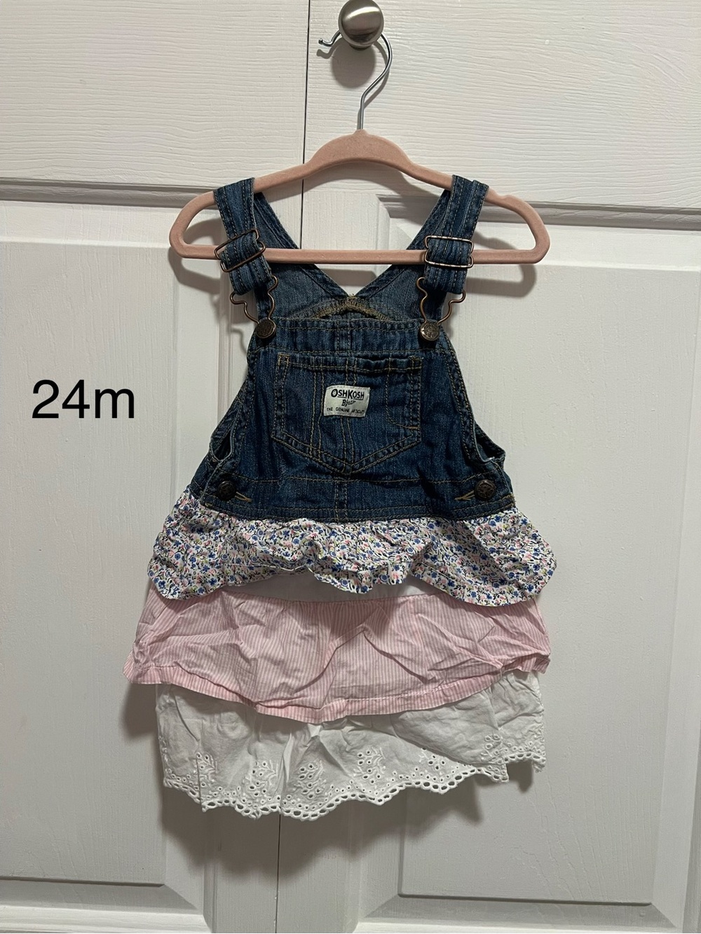 OshKosh B'gosh Denim Blue Floral Pink and White Tiered Jumper Dress